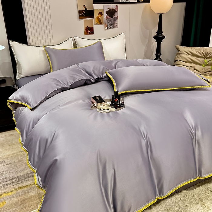 91家纺网 家纺一手货源 找家纺 艾米家居 2025新款水洗真丝贝壳边系列四件套 灰色