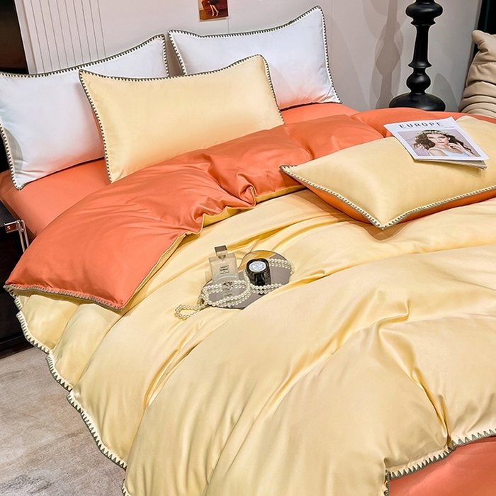 91家纺网 家纺一手货源 找家纺 艾米家居 2025新款水洗真丝贝壳边系列四件套 黄+橘色