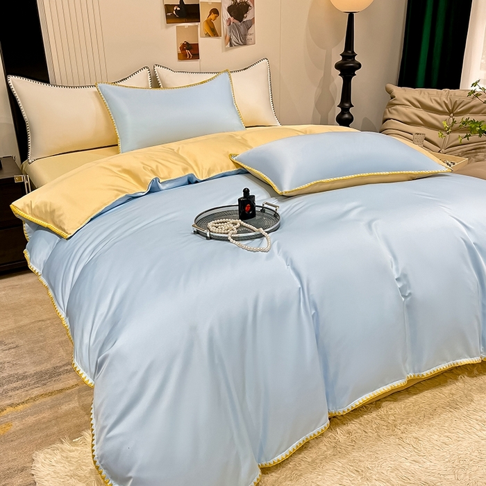 91家纺网 家纺一手货源 找家纺 艾米家居 2025新款水洗真丝贝壳边系列四件套 蓝+黄