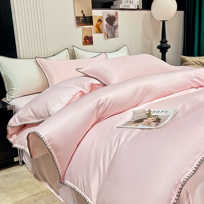 91家纺网 家纺一手货源 找家纺 艾米家居 2025新款水洗真丝贝壳边系列四件套 浅粉