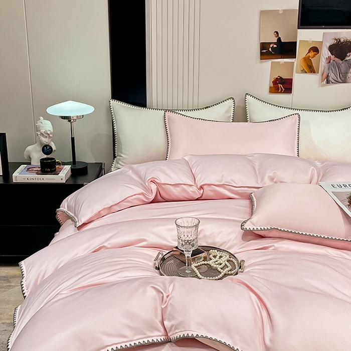 91家纺网 家纺一手货源 找家纺 艾米家居 2025新款水洗真丝贝壳边系列四件套 浅粉