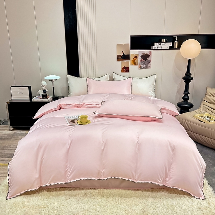 91家纺网 家纺一手货源 找家纺 艾米家居 2025新款水洗真丝贝壳边系列四件套 浅粉