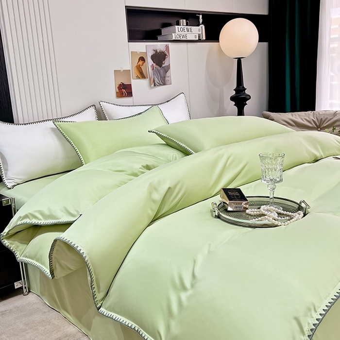 91家纺网 家纺一手货源 找家纺 艾米家居 2025新款水洗真丝贝壳边系列四件套 水绿