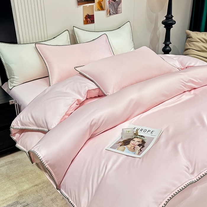 91家纺网 家纺一手货源 找家纺 艾米家居 2025新款水洗真丝贝壳边系列四件套 浅粉