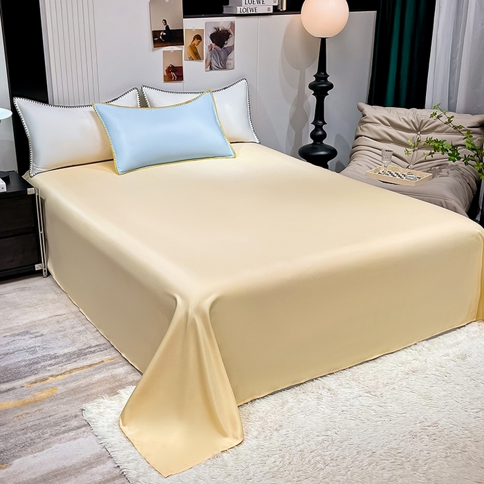 91家纺网 家纺一手货源 找家纺 艾米家居 2025新款水洗真丝贝壳边系列四件套 蓝+黄