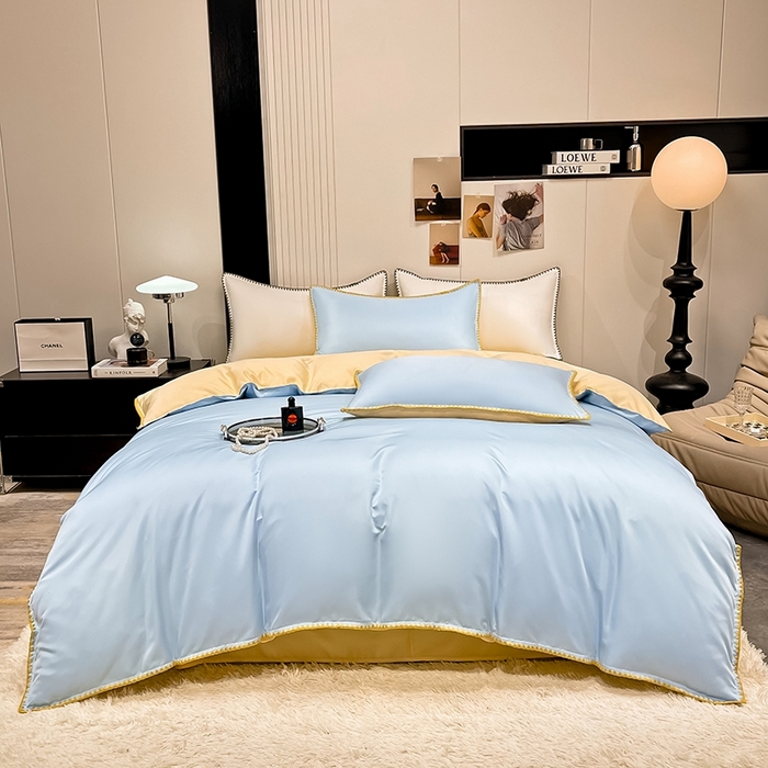 91家纺网 家纺一手货源 找家纺 艾米家居 2025新款水洗真丝贝壳边系列四件套 蓝+黄