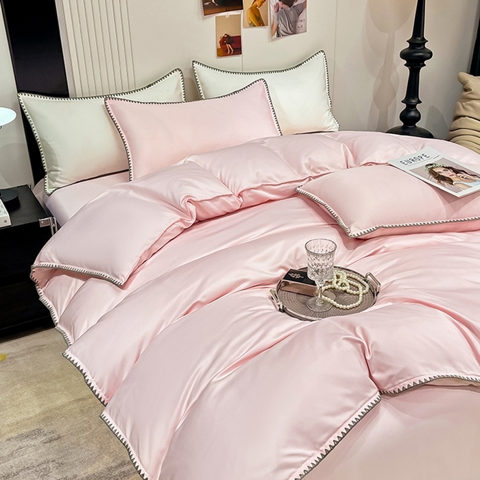 91家纺网 家纺一手货源 找家纺 艾米家居 2025新款水洗真丝贝壳边系列四件套 浅粉