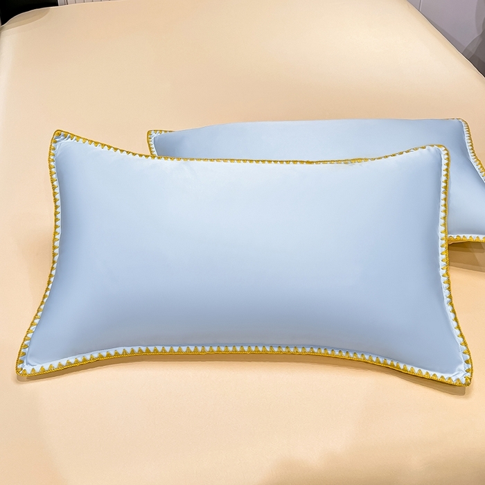 91家纺网 家纺一手货源 找家纺 艾米家居 2025新款水洗真丝贝壳边系列四件套 蓝+黄