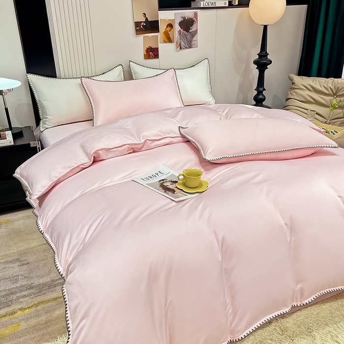 91家纺网 家纺一手货源 找家纺 艾米家居 2025新款水洗真丝贝壳边系列四件套 浅粉