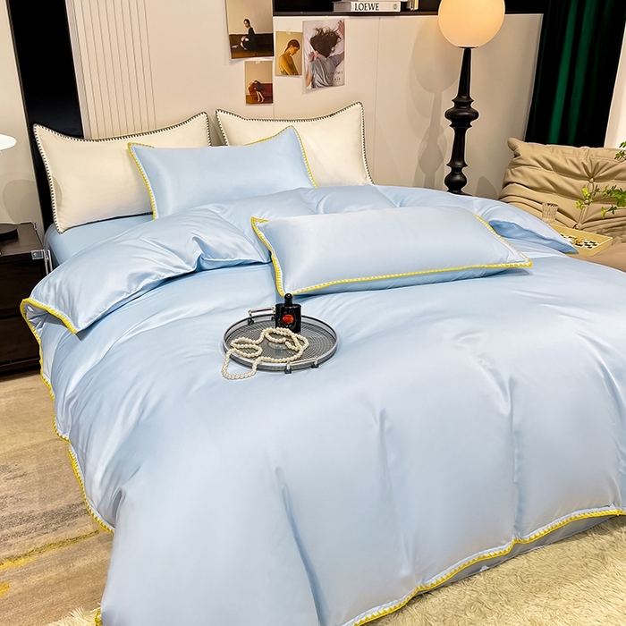 91家纺网 家纺一手货源 找家纺 艾米家居 2025新款水洗真丝贝壳边系列四件套 天蓝