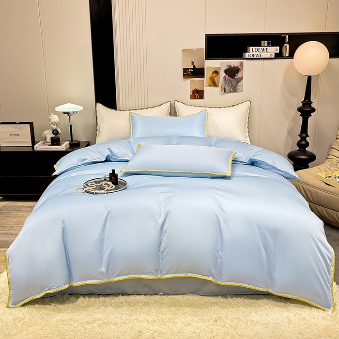 91家纺网 家纺一手货源 找家纺 艾米家居 2025新款水洗真丝贝壳边系列四件套 天蓝