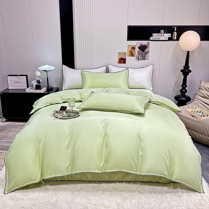 91家纺网 家纺一手货源 找家纺 艾米家居 2025新款水洗真丝贝壳边系列四件套 水绿