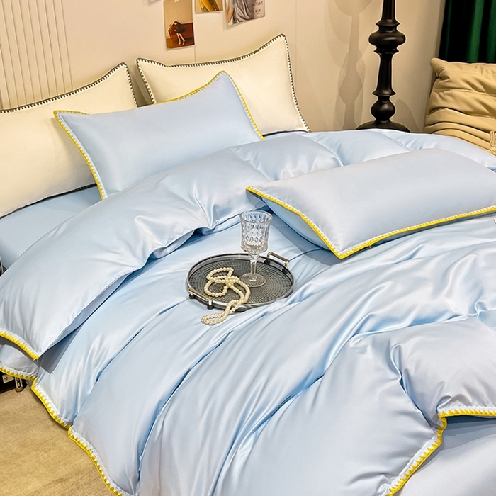 91家纺网 家纺一手货源 找家纺 艾米家居 2025新款水洗真丝贝壳边系列四件套 天蓝