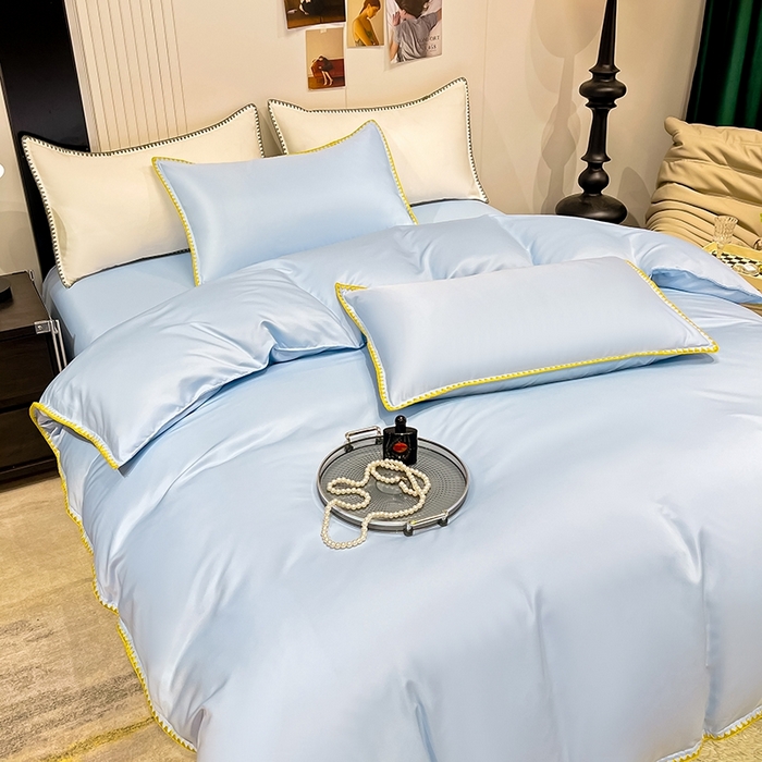 91家纺网 家纺一手货源 找家纺 艾米家居 2025新款水洗真丝贝壳边系列四件套 天蓝
