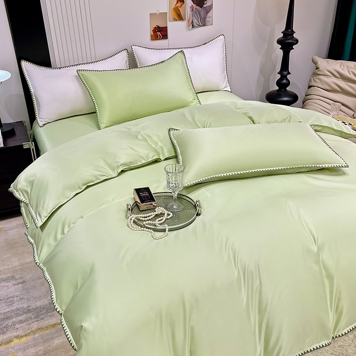 91家纺网 家纺一手货源 找家纺 艾米家居 2025新款水洗真丝贝壳边系列四件套 水绿