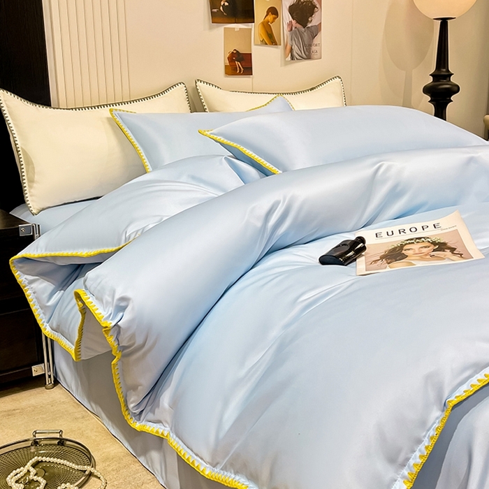 91家纺网 家纺一手货源 找家纺 艾米家居 2025新款水洗真丝贝壳边系列四件套 天蓝