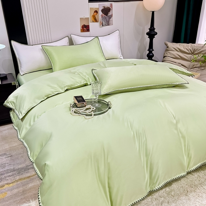 91家纺网 家纺一手货源 找家纺 艾米家居 2025新款水洗真丝贝壳边系列四件套 水绿