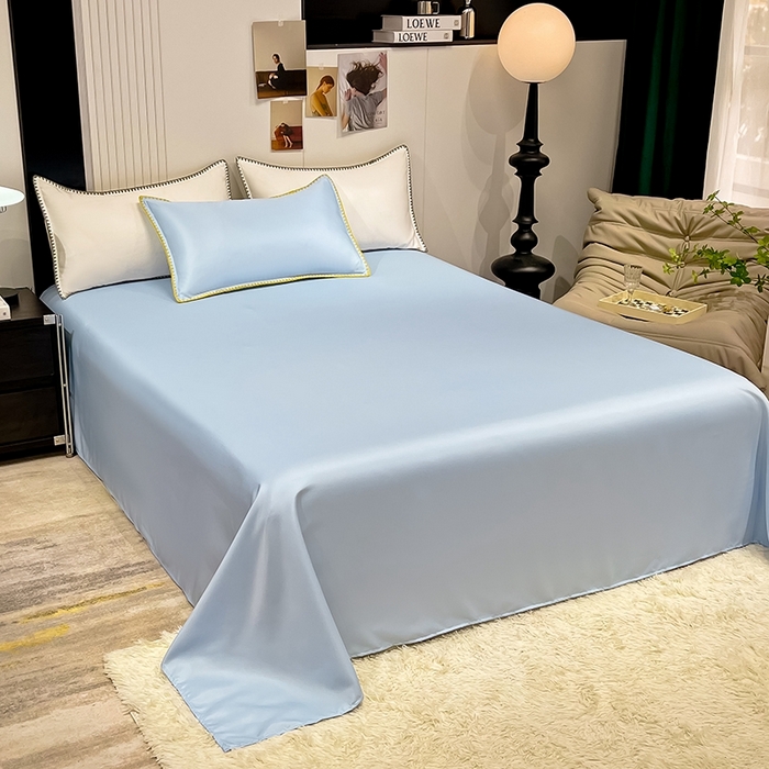 91家纺网 家纺一手货源 找家纺 艾米家居 2025新款水洗真丝贝壳边系列四件套 天蓝