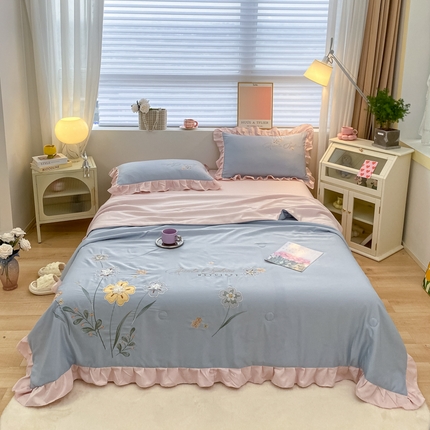 91家纺网 家纺一手货源 找家纺 AB家纺 2023新品水洗真丝夏被 伊甸园-浅蓝粉