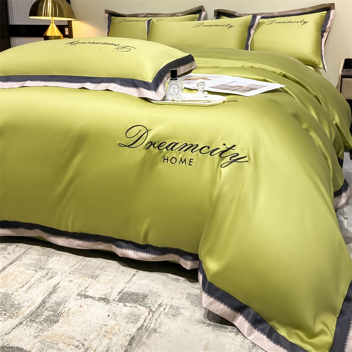 91家纺网 家纺一手货源 找家纺 笙意 新款水洗真丝数码边系列四件套-麦琪 橄榄绿