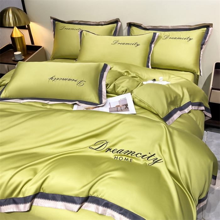 91家纺网 家纺一手货源 找家纺 笙意 新款水洗真丝数码边系列四件套-麦琪 橄榄绿