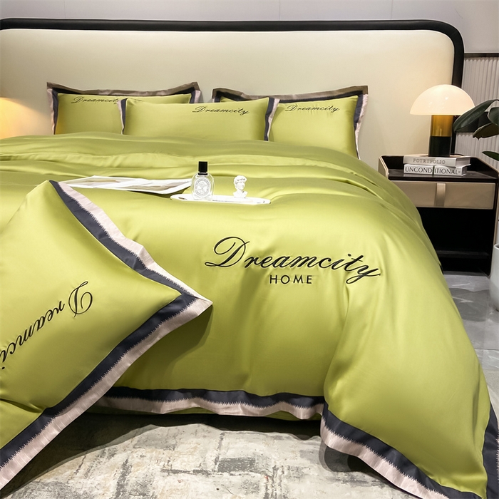 91家纺网 家纺一手货源 找家纺 笙意 新款水洗真丝数码边系列四件套-麦琪 橄榄绿