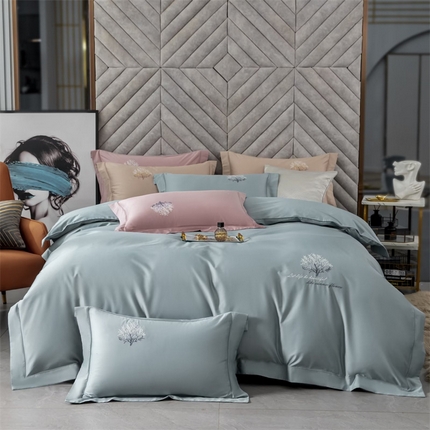 91家纺网 家纺一手货源 找家纺 名品优仓 2023新款高支高密长绒棉刺绣款四件套-一树花开 一树花开-蓝