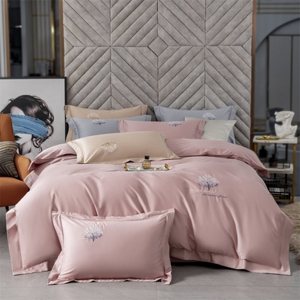 91家纺网 家纺一手货源 找家纺 名品优仓 2023新款高支高密长绒棉刺绣款四件套-一树花开 一树花开-豆沙