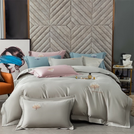 91家纺网 家纺一手货源 找家纺 名品优仓 2023新款高支高密长绒棉刺绣款四件套-一树花开 一树花开-灰