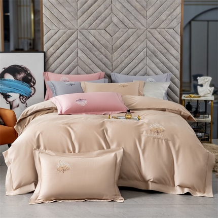 91家纺网 家纺一手货源 找家纺 名品优仓 2023新款高支高密长绒棉刺绣款四件套-一树花开 一树花开-驼色