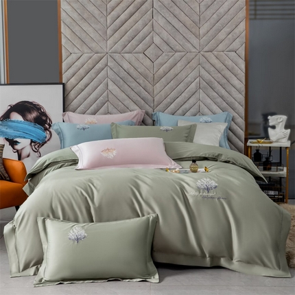 91家纺网 家纺一手货源 找家纺 名品优仓 2023新款高支高密长绒棉刺绣款四件套-一树花开 一树花开-绿