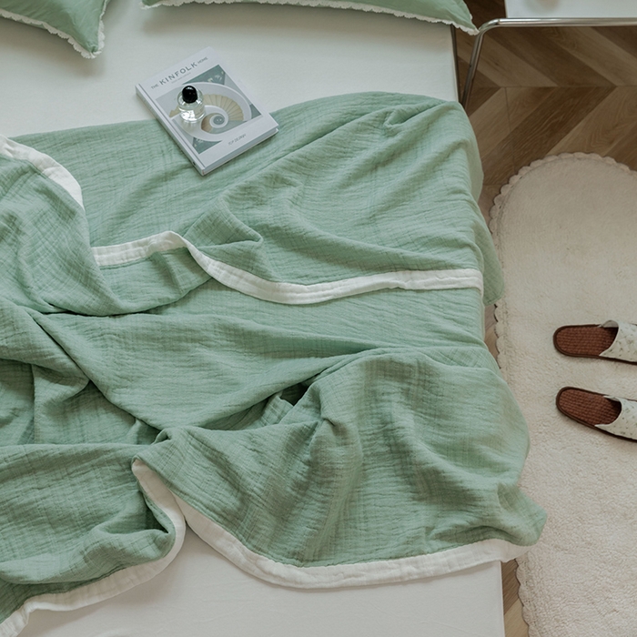 91家纺网 家纺一手货源 找家纺 雯雨家纺2023新款A类全棉纱布毛巾被 豆绿