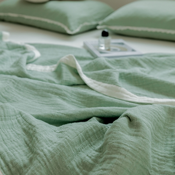 91家纺网 家纺一手货源 找家纺 雯雨家纺2023新款A类全棉纱布毛巾被 豆绿