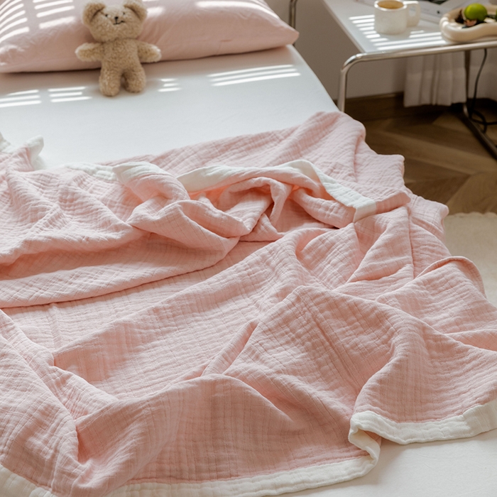 91家纺网 家纺一手货源 找家纺 雯雨家纺2023新款A类全棉纱布毛巾被 浅粉