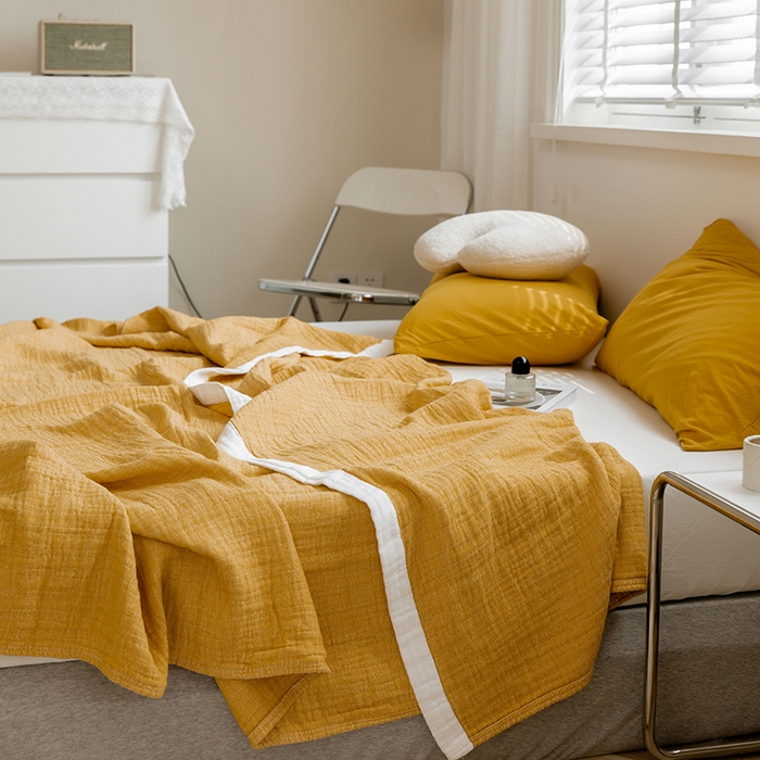 91家纺网 家纺一手货源 找家纺 雯雨家纺2023新款A类全棉纱布毛巾被 明黄