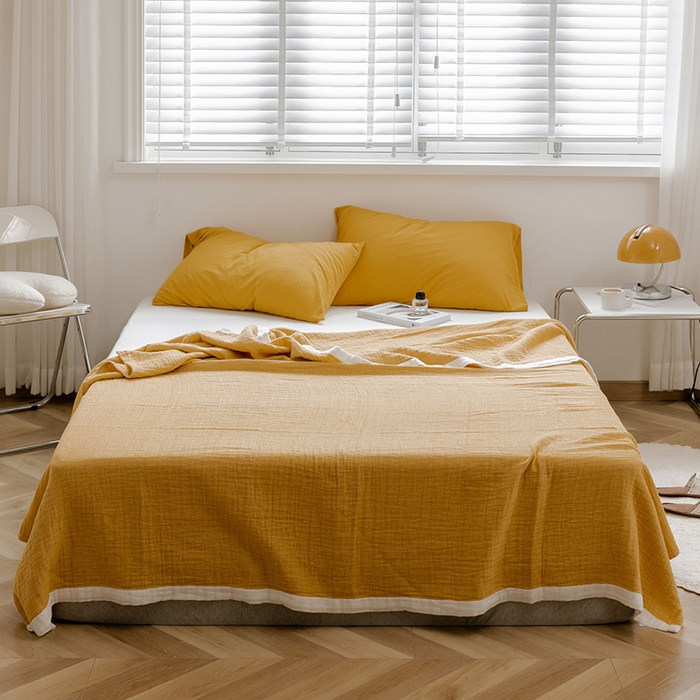 91家纺网 家纺一手货源 找家纺 雯雨家纺2023新款A类全棉纱布毛巾被 明黄