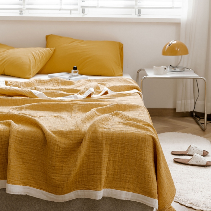91家纺网 家纺一手货源 找家纺 雯雨家纺2023新款A类全棉纱布毛巾被 明黄
