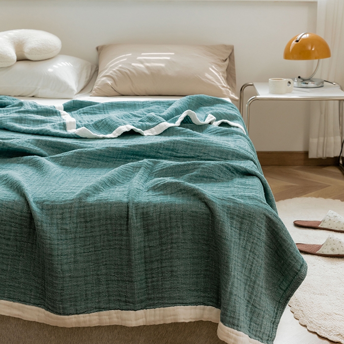 91家纺网 家纺一手货源 找家纺 雯雨家纺2023新款A类全棉纱布毛巾被 深绿