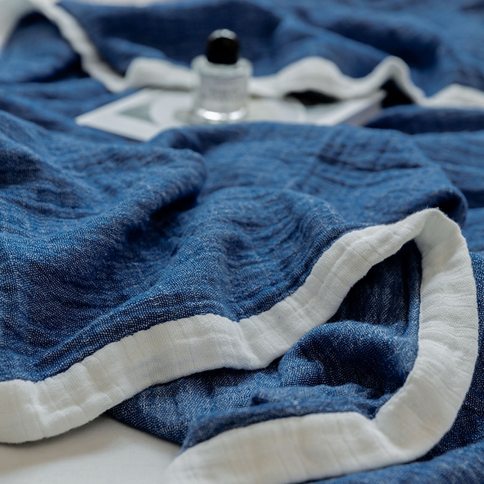 91家纺网 家纺一手货源 找家纺 雯雨家纺2023新款A类全棉纱布毛巾被 深蓝