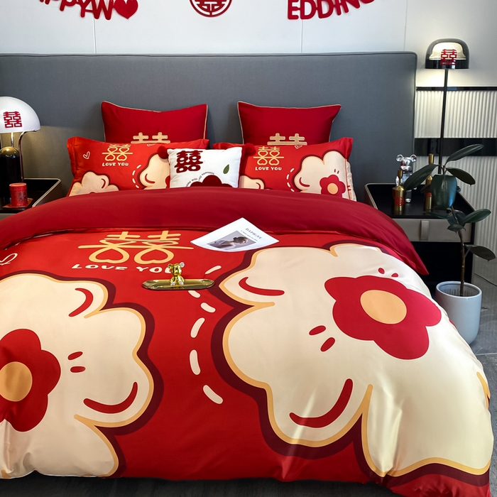 91家纺网 家纺一手货源 找家纺 花愿 2025新款婚庆大版印花四件套 简爱