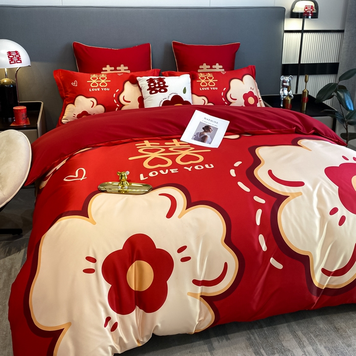 91家纺网 家纺一手货源 找家纺 花愿 2025新款婚庆大版印花四件套 简爱