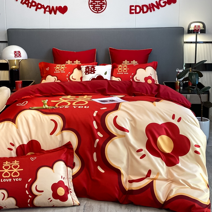 91家纺网 家纺一手货源 找家纺 花愿 2025新款婚庆大版印花四件套 简爱