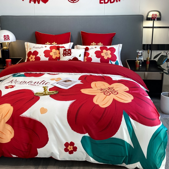 91家纺网 家纺一手货源 找家纺 花愿 2025新款婚庆大版印花四件套 喜嫁