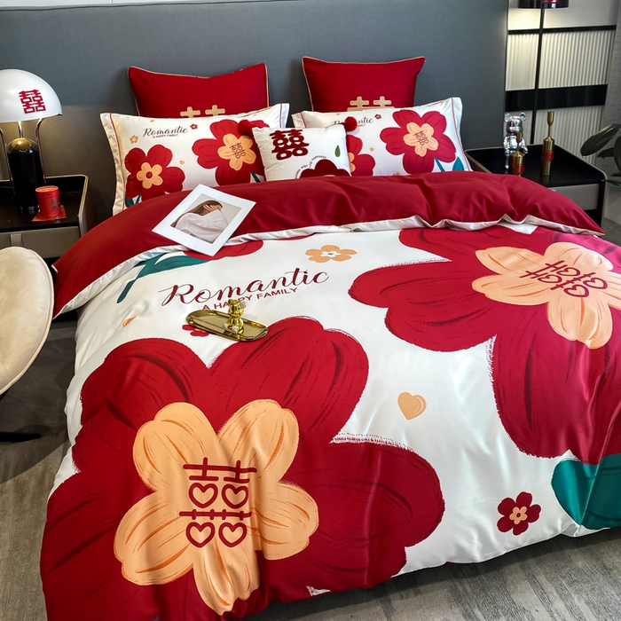 91家纺网 家纺一手货源 找家纺 花愿 2025新款婚庆大版印花四件套 喜嫁