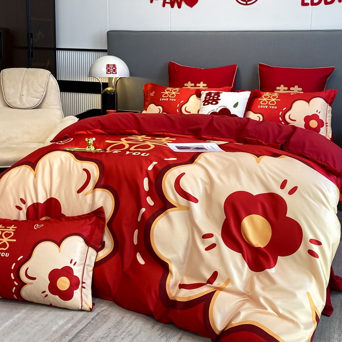 91家纺网 家纺一手货源 找家纺 花愿 2025新款婚庆大版印花四件套 简爱