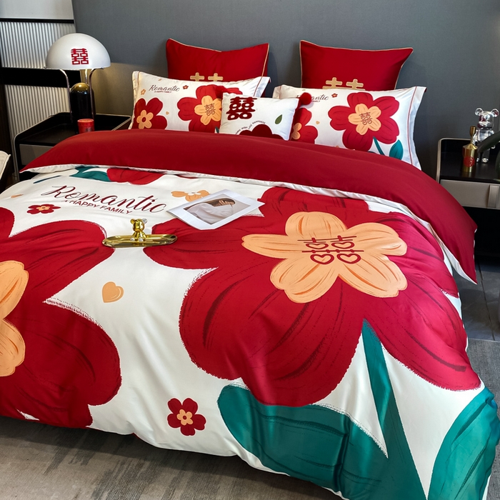 91家纺网 家纺一手货源 找家纺 花愿 2025新款婚庆大版印花四件套 喜嫁