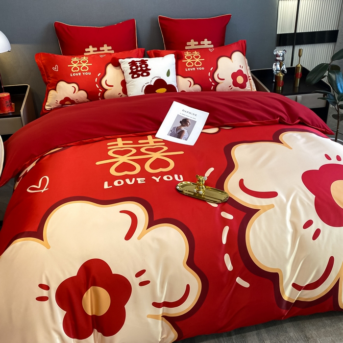 91家纺网 家纺一手货源 找家纺 花愿 2025新款婚庆大版印花四件套 简爱