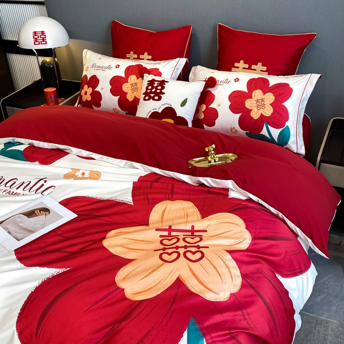 91家纺网 家纺一手货源 找家纺 花愿 2025新款婚庆大版印花四件套 喜嫁