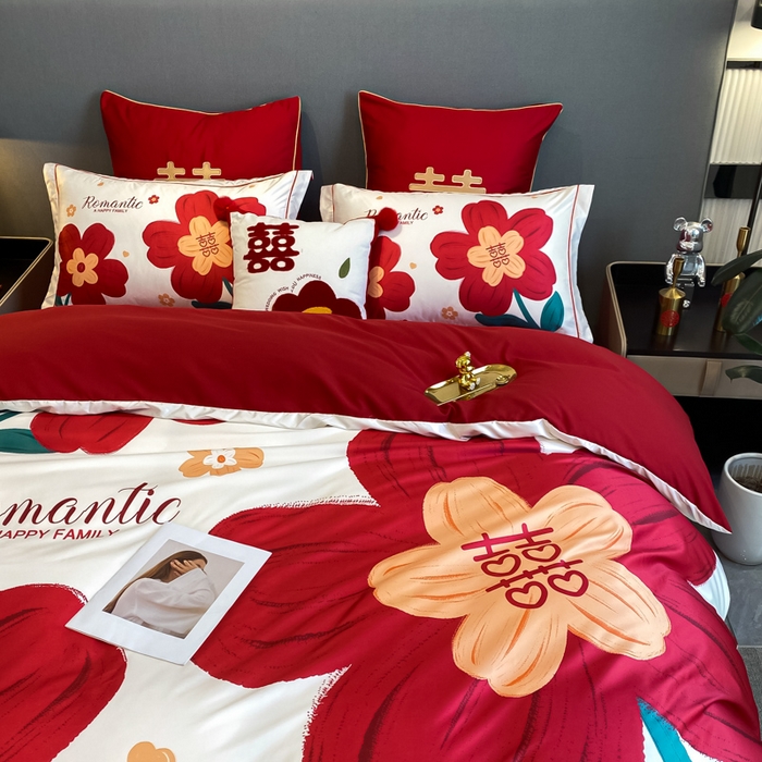 91家纺网 家纺一手货源 找家纺 花愿 2025新款婚庆大版印花四件套 喜嫁