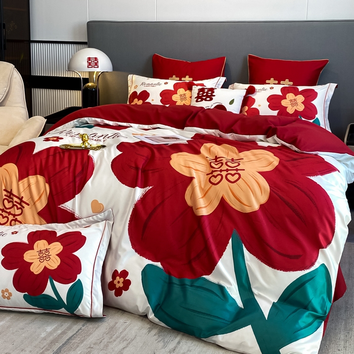 91家纺网 家纺一手货源 找家纺 花愿 2025新款婚庆大版印花四件套 喜嫁